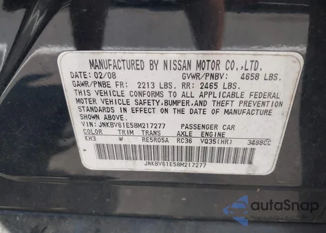 2008 Infiniti G35 Journey from USA, damaged, VIN JNKBV61E58M217277